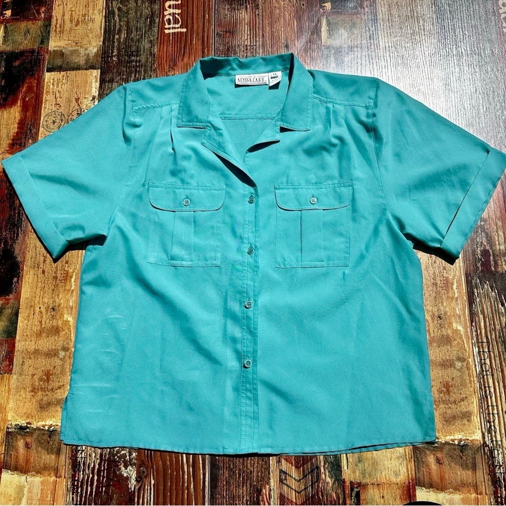 Vtg 80s Alyssa Carr sz 14 Button Down Cuff Sleeve Blouse Teal Grandma Retro Prep
